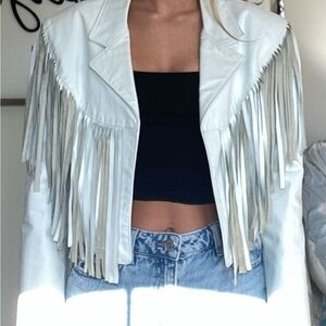 White Leather Fringe Jacket with Sleek Design